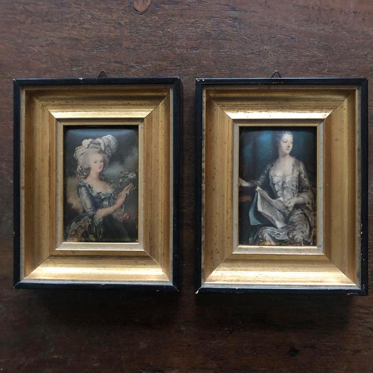 Twee Vintage Miniatuur Portretten in Gouden Lijsten, Antiek en Kunst, Kunst | Schilderijen | Klassiek, Ophalen of Verzenden