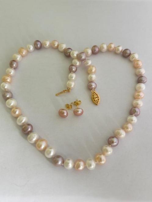 Parel Set Ketting Oorbellen Multikleur Akoya Parels 14K Goud, Sieraden, Tassen en Uiterlijk, Kettingen, Nieuw, Goud, Goud, Ophalen of Verzenden