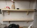 2 even lange wandplanken m sierlijke ronde ophanghoeken hout, Huis en Inrichting, Woonaccessoires | Wandplanken en Boekenplanken