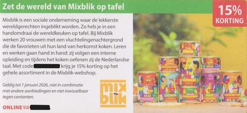 Mixblik.15% korting. Postcodeloterij voordeelbon., Tickets en Kaartjes, Kortingen en Cadeaubonnen, Eén persoon, Warenhuis- of Winkelbon