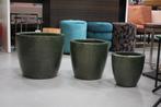 Mooie ronde bloempotten metaal gehamerd 3 maten mosgroen