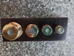 4 koperen knop gewichten met letter H in houten blok, Antiek en Kunst, Ophalen of Verzenden, Koper