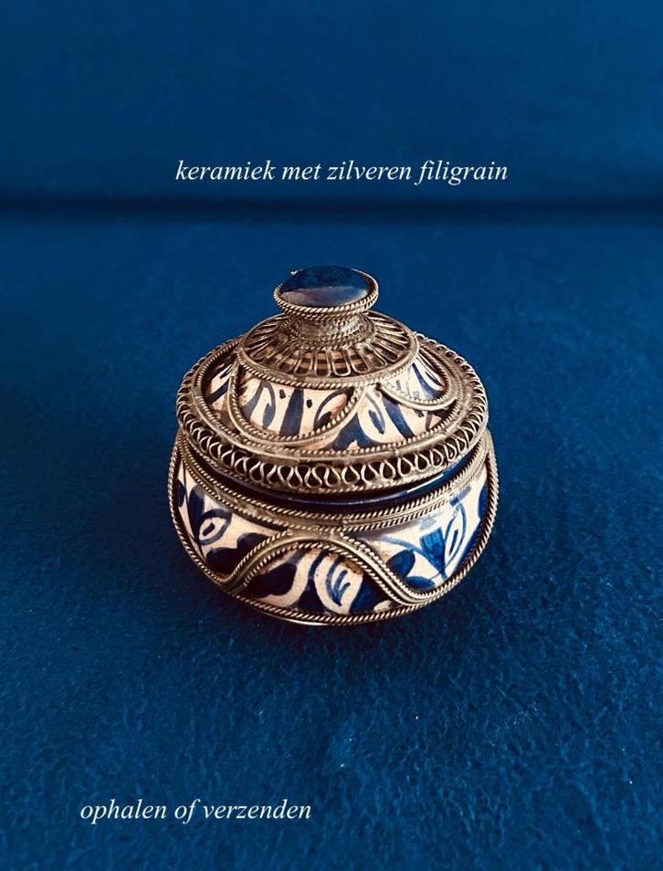 Moors Potje Aardewerk Zilveren Filigrain FEZ Marokko Vintage, Antiek en Kunst, Curiosa en Brocante, Ophalen