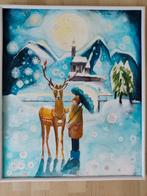 Winterlandschap met Meisje en Hert - Origineel Schilderij, Ophalen of Verzenden