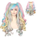 Luxe pastel multi color pruik lang haar met krullen + 2 staa, Nieuw, Pruik of Haarverlenging, Verzenden