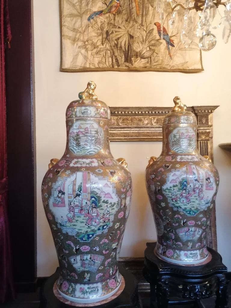 imposant koppel Chinese Cantonese vazen, Antiek en Kunst, Ophalen