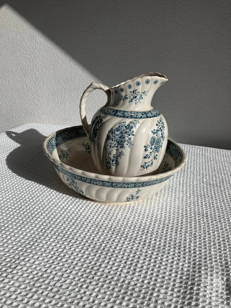 Antieke lampetkan en waskom set, blauw-wit bloemmotief, Antiek en Kunst, Ophalen