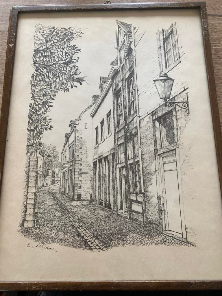 Inkttekening van F. Nelissen - Charmant Stadsgezicht, Ophalen of Verzenden