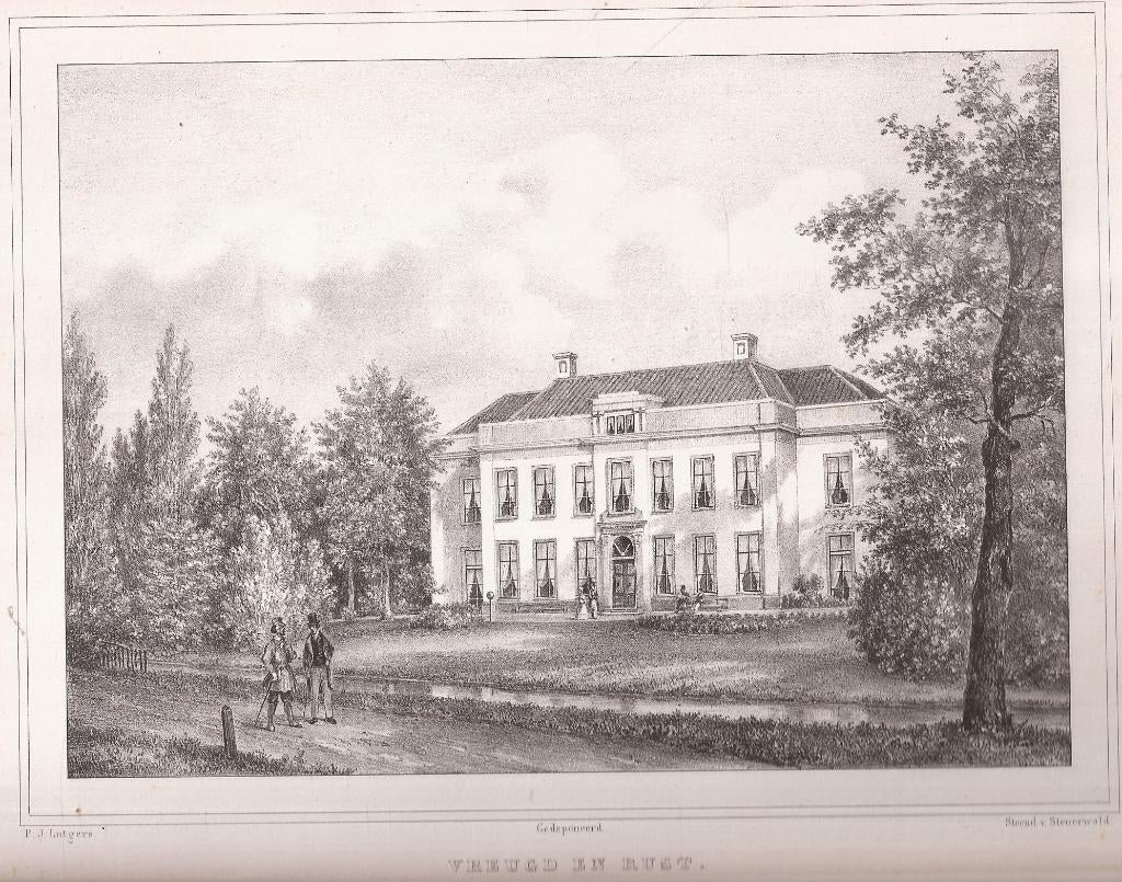 Voorburg Buitenplaats Vreugd en Rust Litho P.J. Lutgers 1855, Ophalen of Verzenden