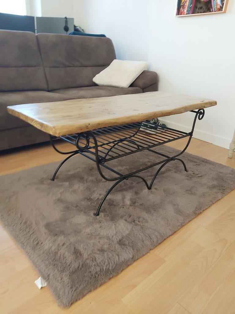 Salontafel smeedijzeren frame Bovenblad boomstam zelf gemaak, Ophalen, Rechthoekig, 50 tot 100 cm, Minder dan 50 cm