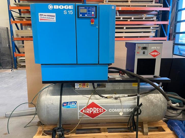 Gebruikte 11kw Boge compressor met tank en vriesdroger, Doe-het-zelf en Verbouw, Compressors, Gebruikt, 6 tot 10 bar, 100 liter of meer
