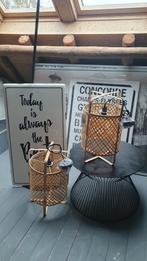 Bamboe hanglampen, wandbord metaal, salontafel woood, kruk, Ophalen, Boho, Industrieel, Modern, Nieuw, Overige materialen