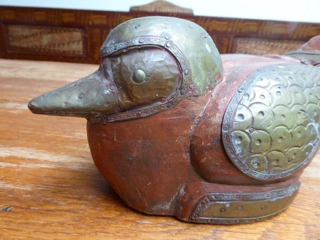 2 vintage houten vogels met koperbeslag, Ophalen of Verzenden