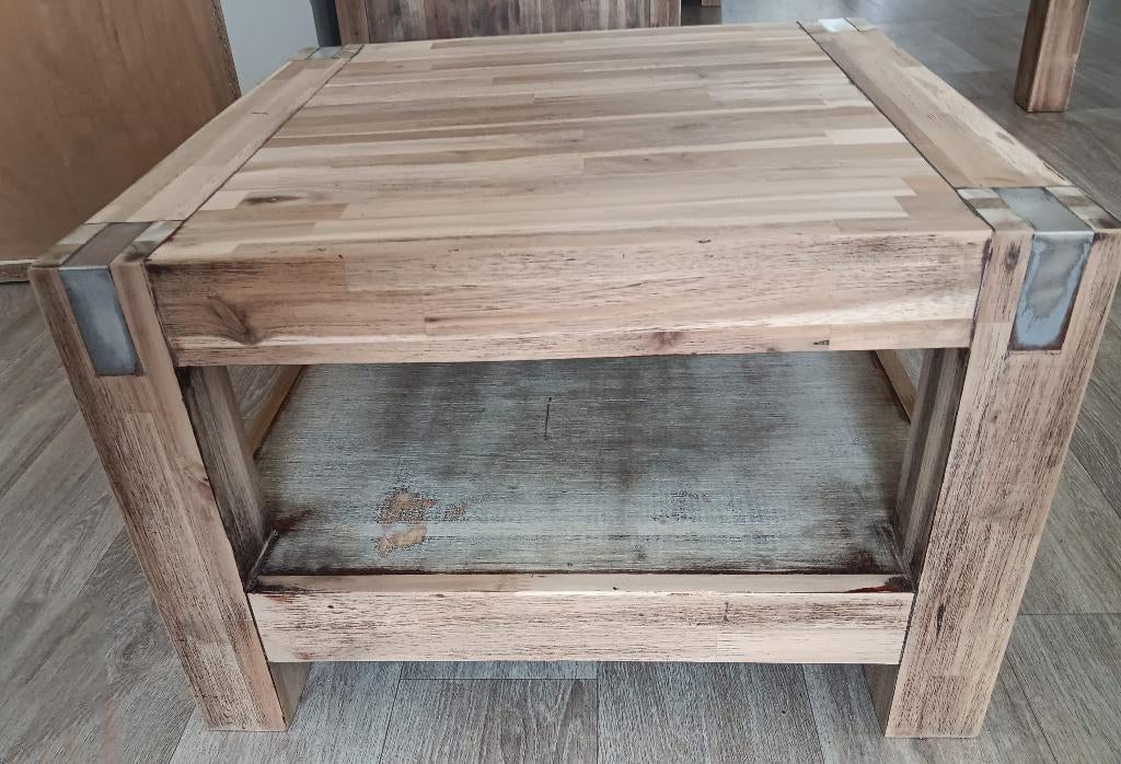 Massief eiken bijzettafel - landelijke / industriële stijl, Ophalen, Gebruikt, Vierkant, 55 tot 75 cm