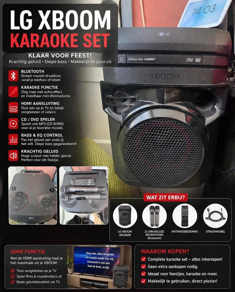 LG XBOOM Karaoke Set met 2 draadloze microfoons, Ophalen of Verzenden, Zo goed als nieuw, Complete set