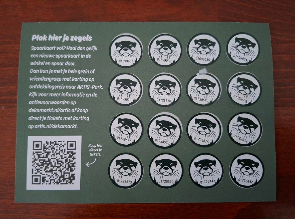 Artis spaarkaart dekamarkt voor 22.50 korting op entree, Ophalen of Verzenden, Winkel, Super of Benzinepomp, Volle spaarkaart