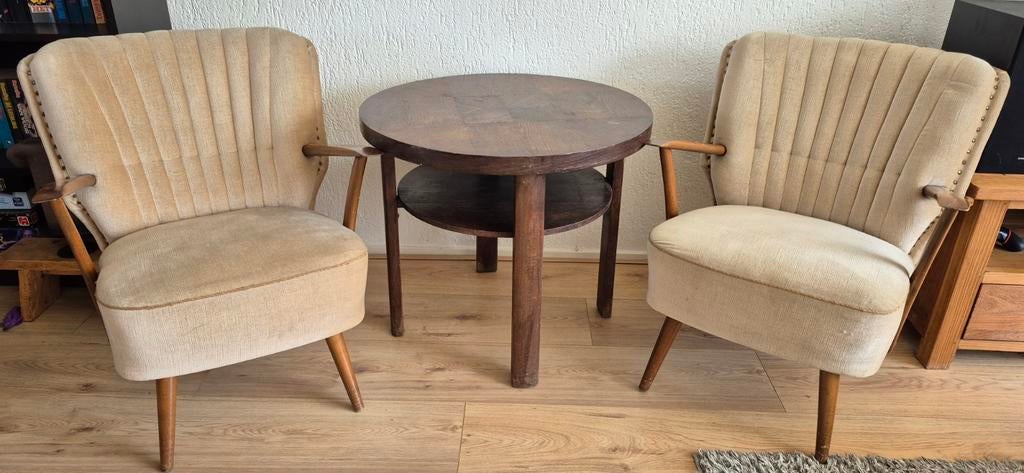 Vintage Fauteuils met Bijzettafel - Jaren '50 / '60, Ophalen, Gebruikt, Twee, Overige kleuren