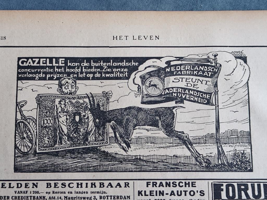 1923, RECLAME GAZELLE RIJWIELEN, ANDRÉ VLAANDEREN, Verzamelen, Ophalen of Verzenden, Gebruikt, Reclamebord