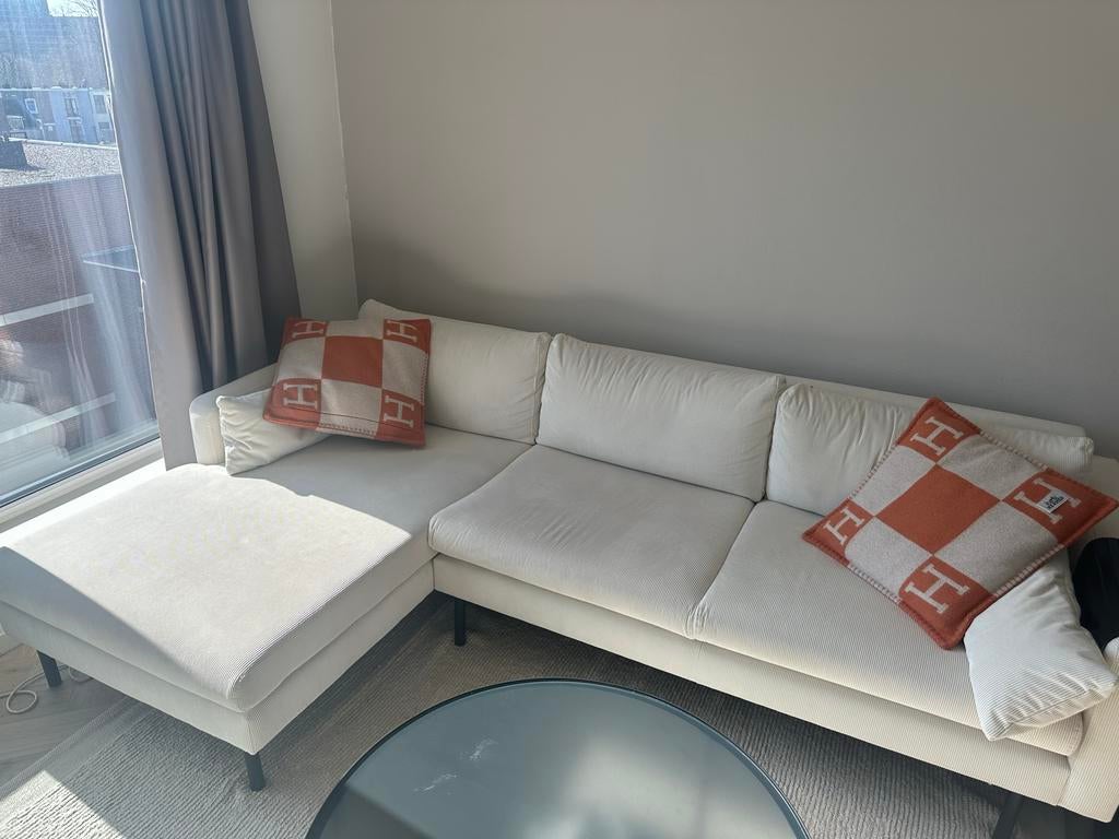 Bankstel met ribstof in Ecru kleur van Nous Living, Ophalen, Zo goed als nieuw, Hoekbank, Stof