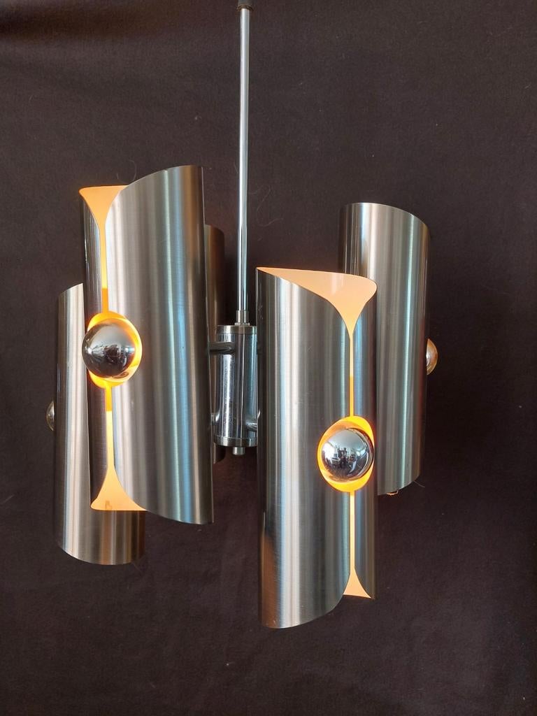 Vintage Polam Bielsko Space Age plafondlamp - Chroom/Metaal, Ophalen, Gebruikt, Metaal, Minder dan 50 cm