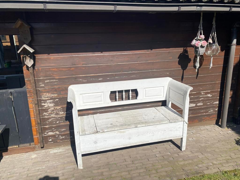 Witte houten klepbank met opbergruimte, Antiek en Kunst, Ophalen of Verzenden