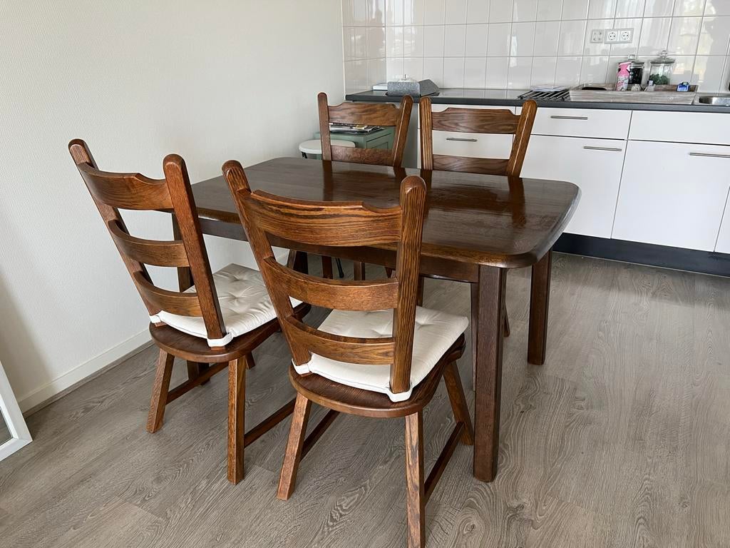 Houten eettafel met 4 stoelen, Ophalen, Gebruikt, 100 tot 150 cm, 50 tot 100 cm
