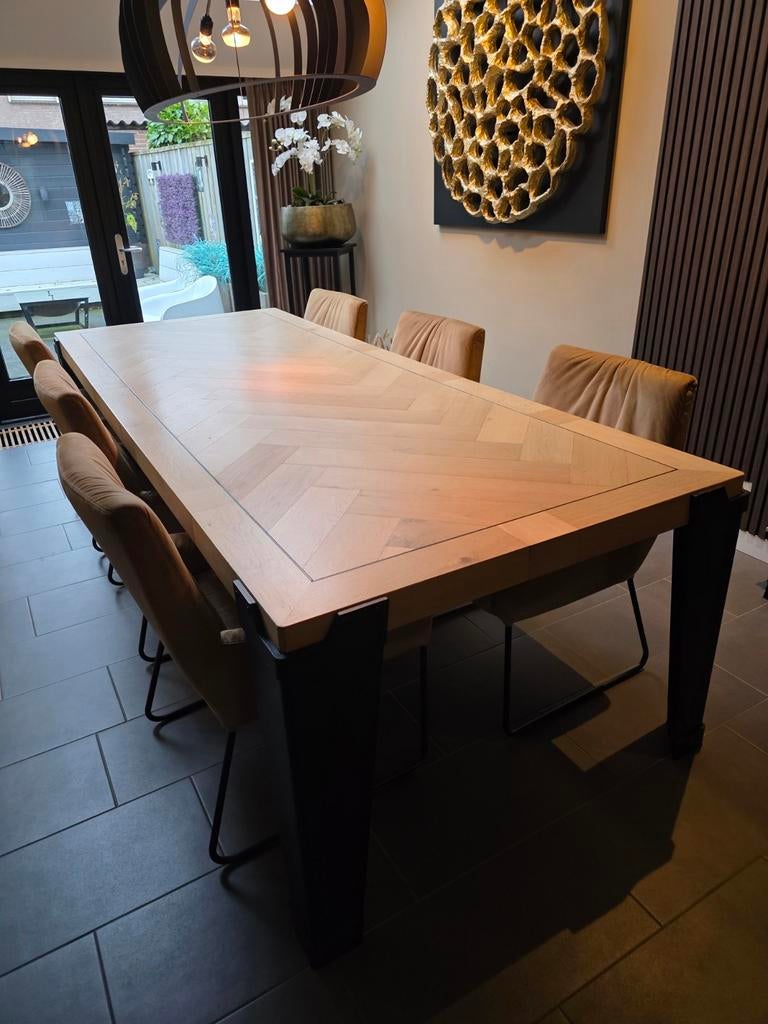 Massief eiken visgraat eettafel 280x110x78, Huis en Inrichting, Ophalen, Gebruikt, Eikenhout, 200 cm of meer