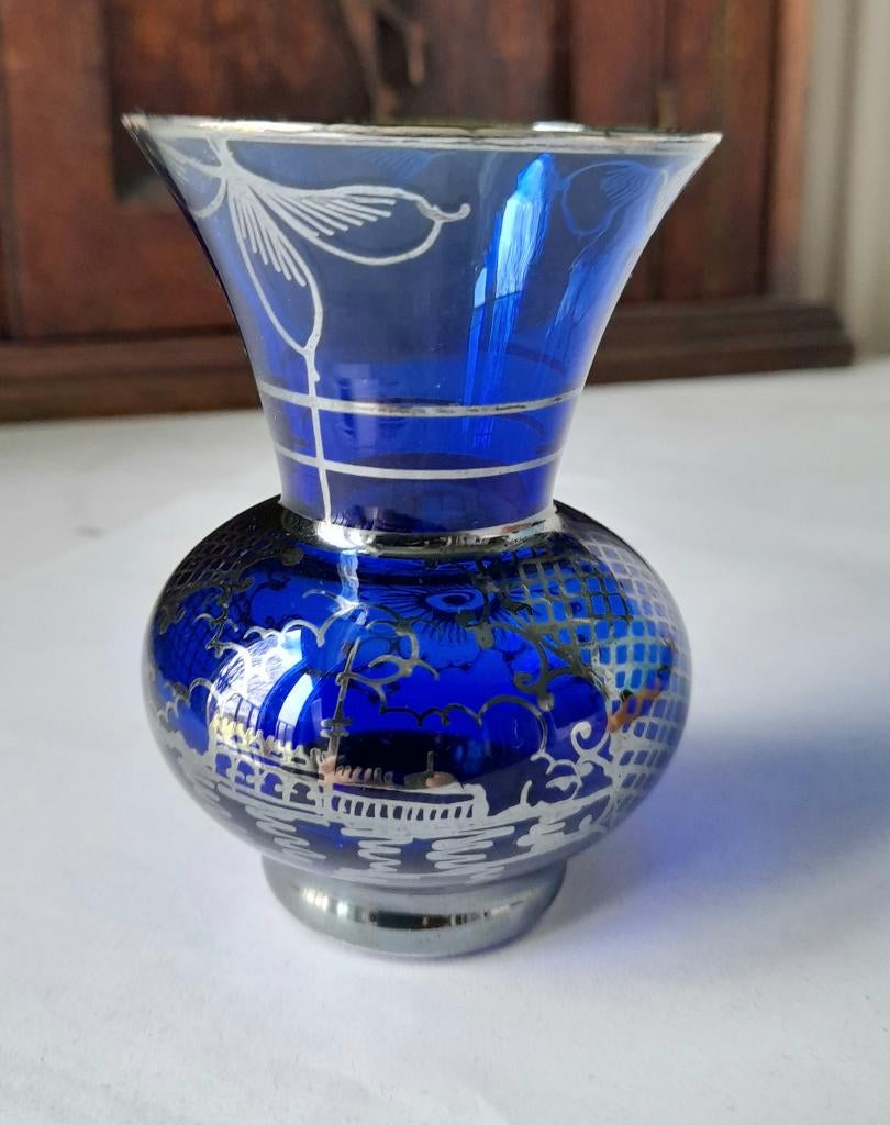 Prachtig Venetië design kobalt blauwe vaas met zilver, Ophalen of Verzenden
