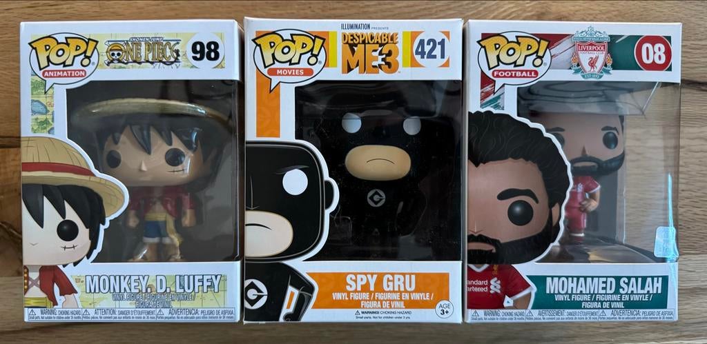 Funko Pop Bundel: One Piece (Luffy), Spy Gru & Mo Salah, Ophalen of Verzenden, Zo goed als nieuw
