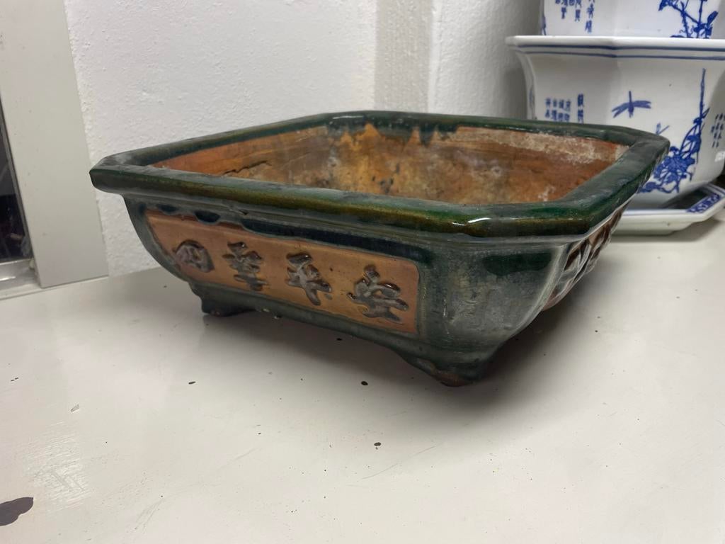 VERKOCHT Antieke Bonsai Pot met Chinese Karakters 32cmX32cm, Gebruikt, Minder dan 30 cm, Minder dan 60 cm, Ophalen of Verzenden