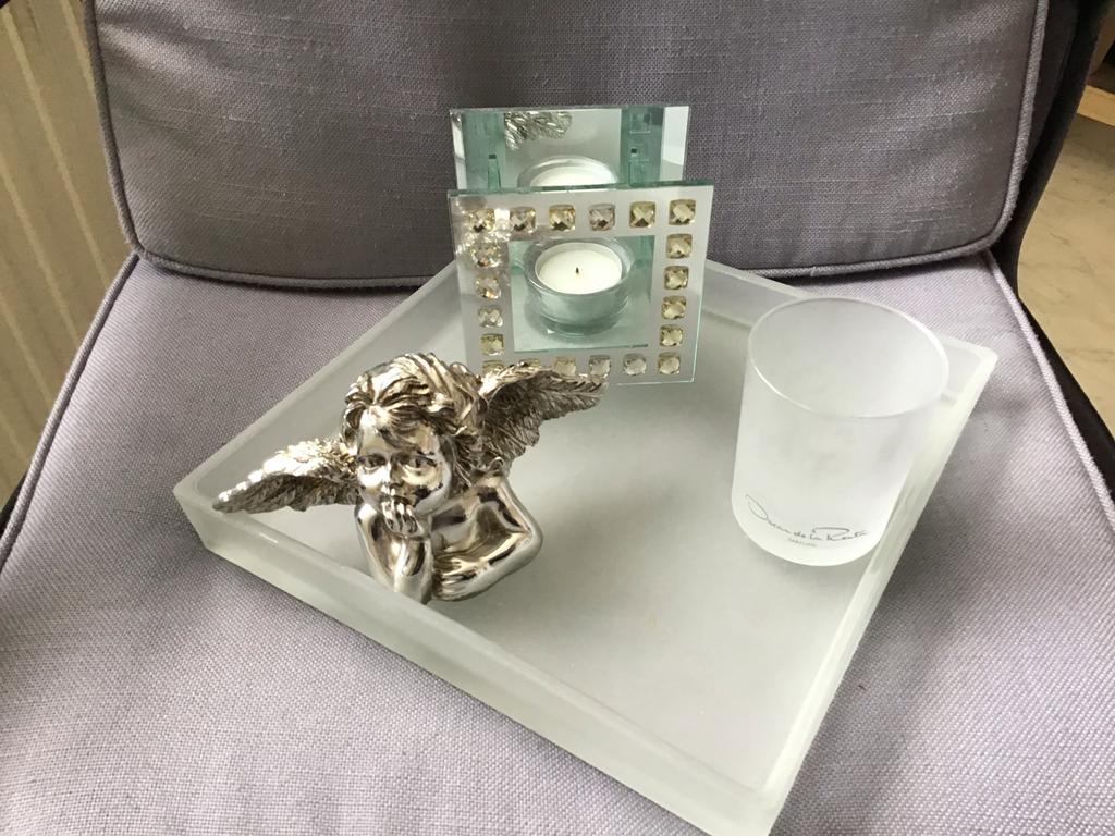Decoratieve set: dienblad, engel, theelichthouder, glas, Huis en Inrichting, Woonaccessoires | Overige, Zo goed als nieuw, Metaal