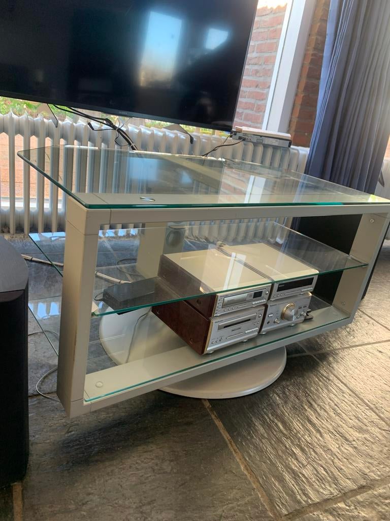 Glazen tv meubel met rvs, Huis en Inrichting, Kasten | Televisiemeubels, Ophalen, Zo goed als nieuw, 25 tot 50 cm, Minder dan 100 cm