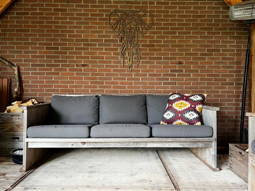 Houten 3-zits bank met kussens, Ophalen, Gebruikt, Driepersoons, 75 tot 100 cm