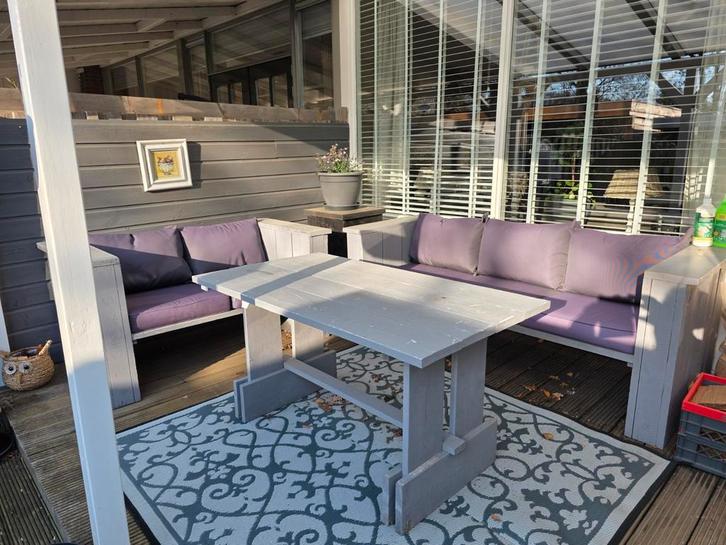 Steigerhouten loungeset met kussens, Tuin en Terras, Tuinsets en Loungesets, Gebruikt, Loungeset, Steigerhout, 5 zitplaatsen, Bank