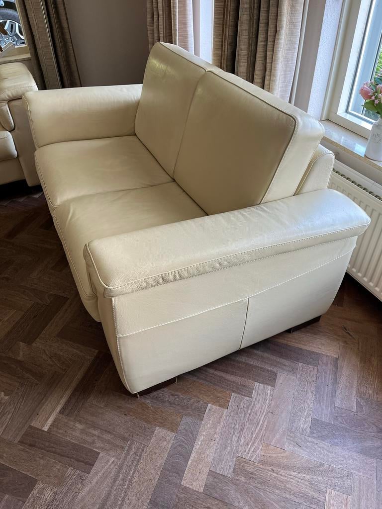 Crème wit leren bankstellen - 2,5-zits en 2-zits, Huis en Inrichting, Banken | Bankstellen, Ophalen, Gebruikt, 150 tot 200 cm