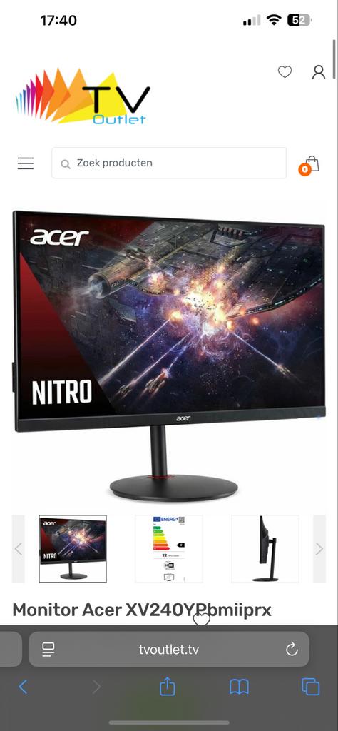 Acer Nitro XV240Y monitor 165 Hz, Gaming, HDMI, IPS, Full HD