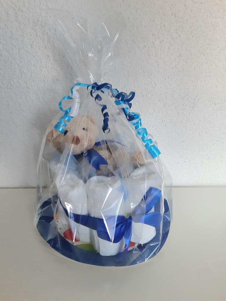 Blauwe luiertaart beer knuffel luiers geboorte babyshower, Ophalen of Verzenden, Zo goed als nieuw