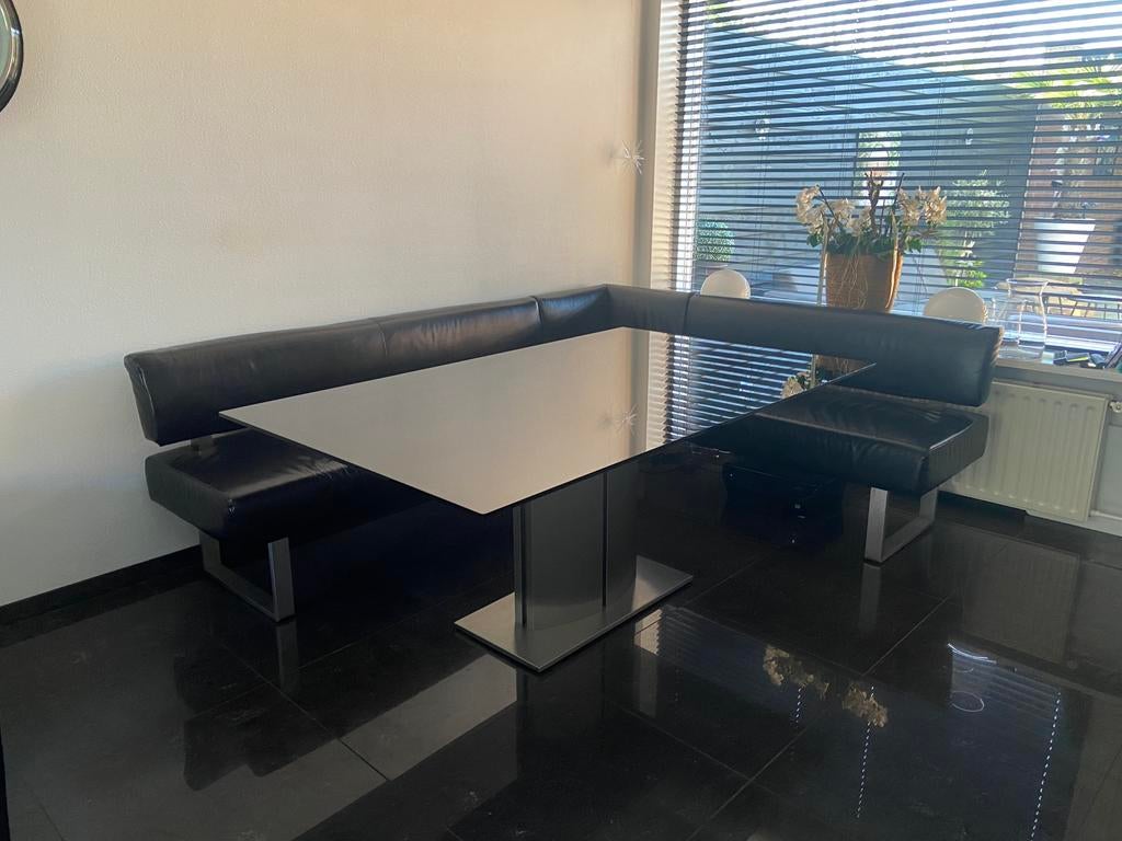 Eethoek met zwart leren banken, Ophalen, Gebruikt, Rechthoekig, 200 cm of meer