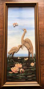 Vintage Schilderij met Reigers en Vlinder, Antiek en Kunst, Ophalen of Verzenden