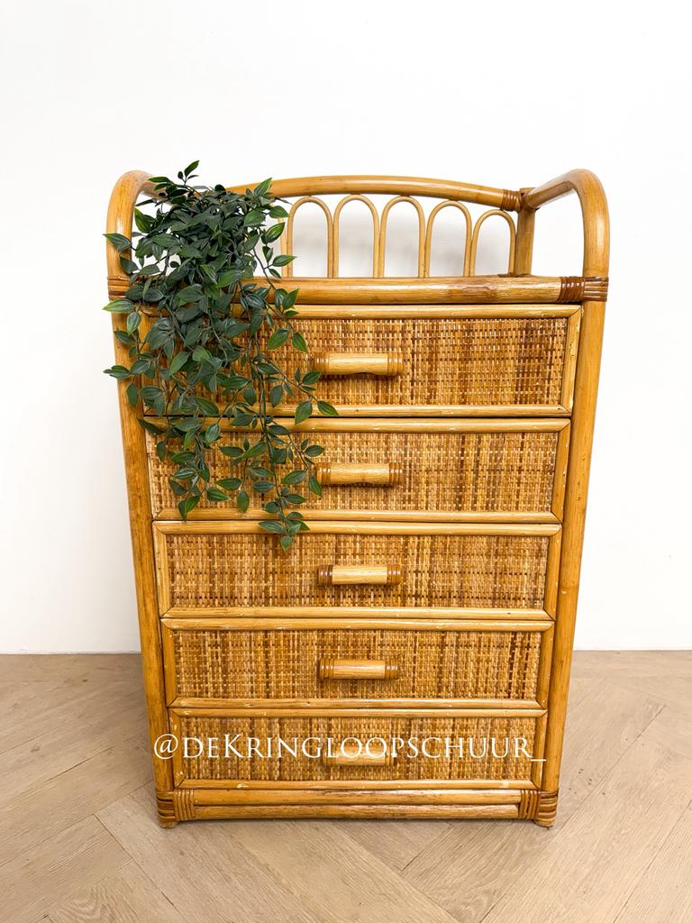 Vintage rotan rieten ladekast kast vijf lades, Zo goed als nieuw, 3 of 4 laden, Minder dan 100 cm, 25 tot 50 cm