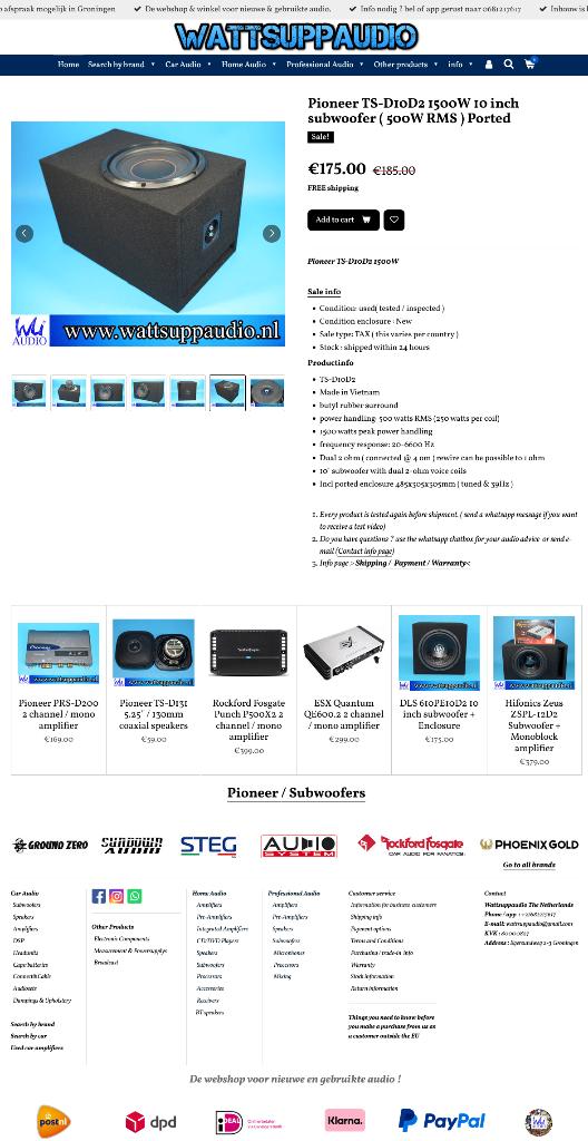 Pioneer TS-D10D2 1500W 10 inch subwoofer ( 500W RMS ), Auto diversen, ., Ophalen of Verzenden, Zo goed als nieuw, .