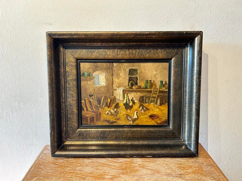Gesigneerd A. Koester - Kippen in stal - Olieverf op paneel, Antiek en Kunst, Kunst | Schilderijen | Klassiek, Ophalen of Verzenden