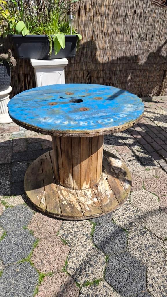 Unieke kabelhaspel tafel - Blauw en robuust, Tuin en Terras, Tuintafels, Ophalen, Gebruikt, Rond