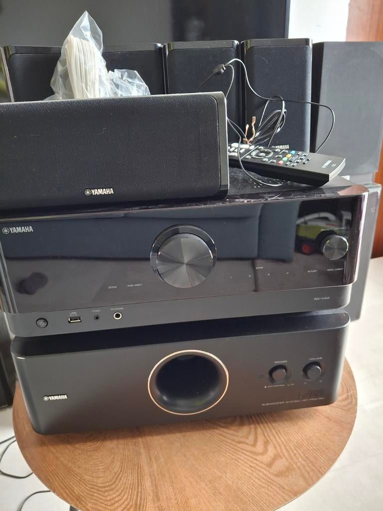 Yamaha MusicCast RX-V4A + YST-FSW150 + speakertjes, Ophalen, 70 watt of meer, Overige merken, Overige spelers