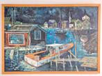 Vintage Schilderij stijlvol havenzicht op doek ‘69 in lijst, N, Ophalen of Verzenden, N, N
