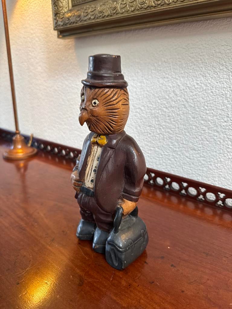Houten uil beeldje met hoed en koffer, Ophalen of Verzenden
