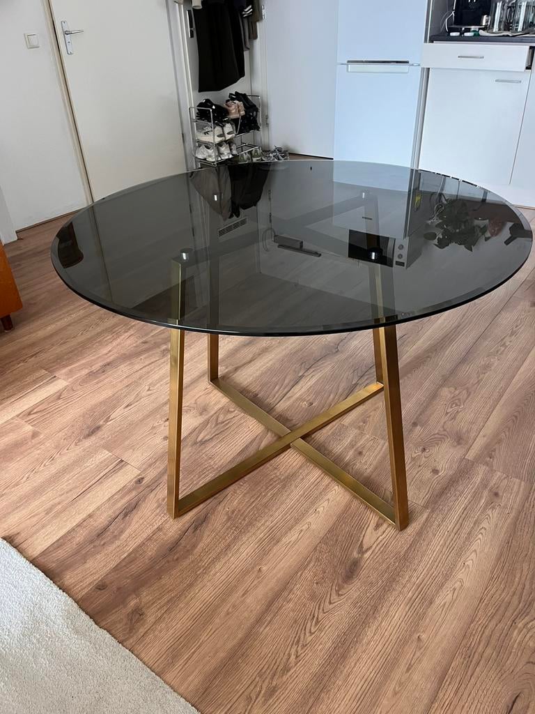 Ronde tafel met gerookt glas goud, Ophalen, Gebruikt, Rond, Glas