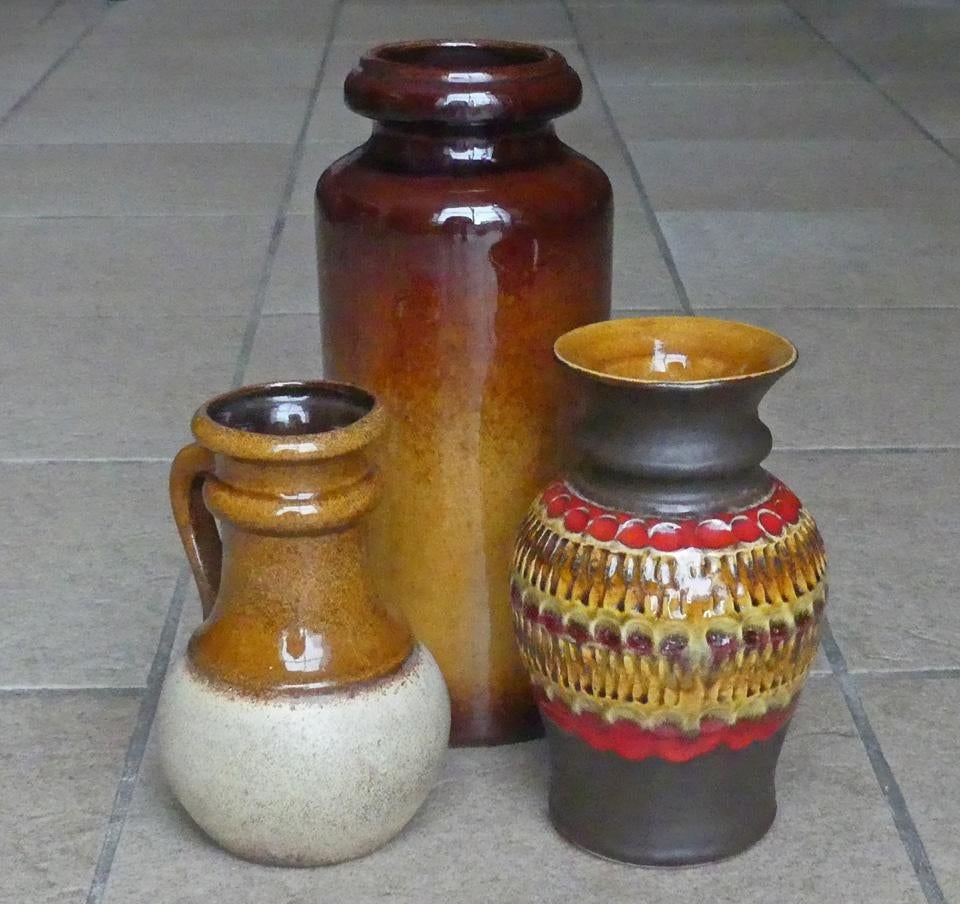 Scheurich vazen trio Bay bruin West-Germany, Gebruikt, Overige kleuren, Aardewerk of Porselein, Ophalen of Verzenden