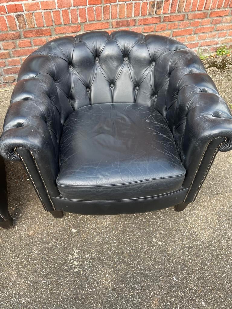 Luxe Chesterfield fauteuil - Zwart leer drie stuks, Huis en Inrichting, Fauteuils, Ophalen, Gebruikt, Leer, 75 tot 100 cm