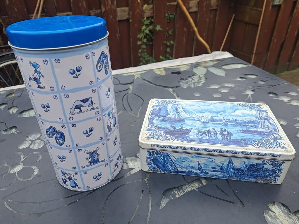 Delfst Blauw beschuit snoep koek blikken set+ placemat, Verzamelen, Blikken, Ophalen of Verzenden, Overige